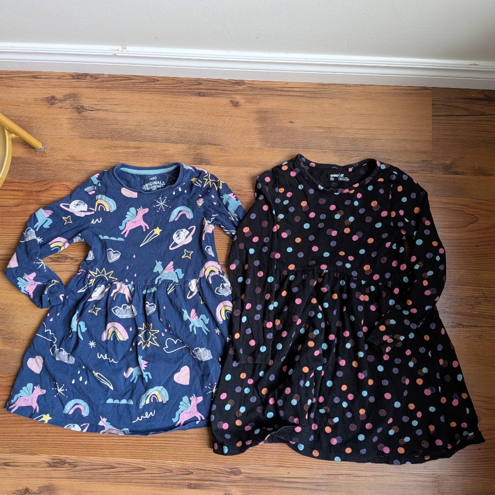 100% Cotton Set Of 2 Girls' Long Sleeve Polka Dot and Space Print Dresses